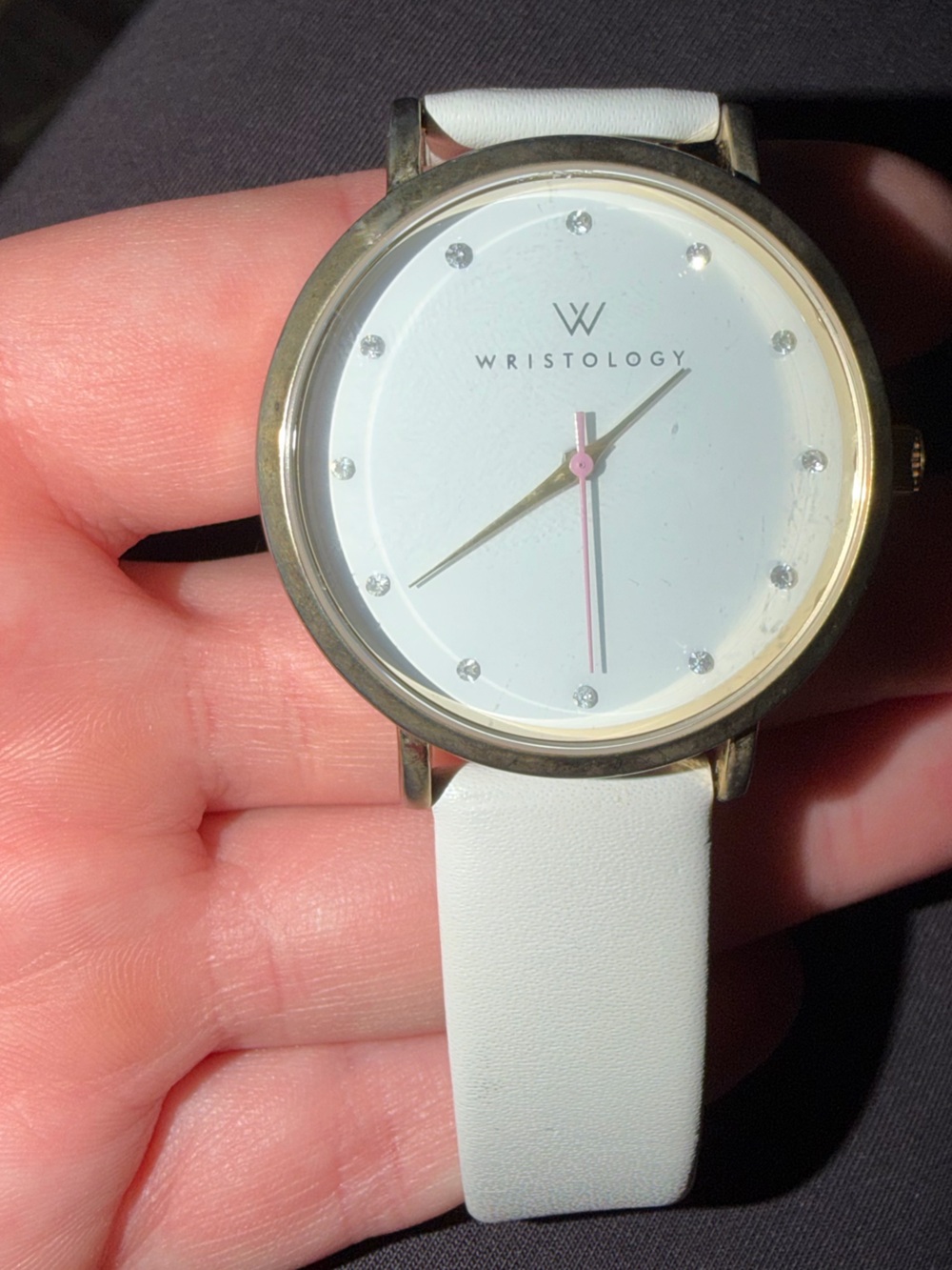 White Leather Analog Watch with Pink Second Hand